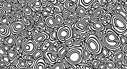Abstract concentric circles pattern background, black and white organic line art texture, seamless psychedelic doodle wallpaper, fluid geometric design