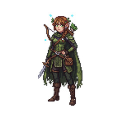 pixel art nature elf scout wielding organic carved wooden bow
