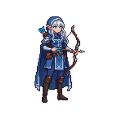 pixel art moonlit silver elf ranger drawing mystical glowing arrows