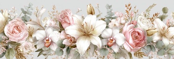 A floral border features pastel roses, lilies, and orchids against a soft gray background, elegantly designed