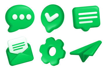3D cartoon green communication and settings icon set, includes speech bubble, mail, gear, paper plane, isolated on transparent background, png