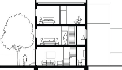 Architectural cross section drawing, residential house interior plan, two story building blueprint, technical vector illustration, home design concept with tree