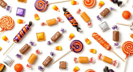 Colorful assortment of Halloween-themed candies including lollipops, candy corn, and chocolate on white background.