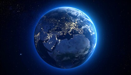 Obraz premium Illuminated blue planet floating in space at night