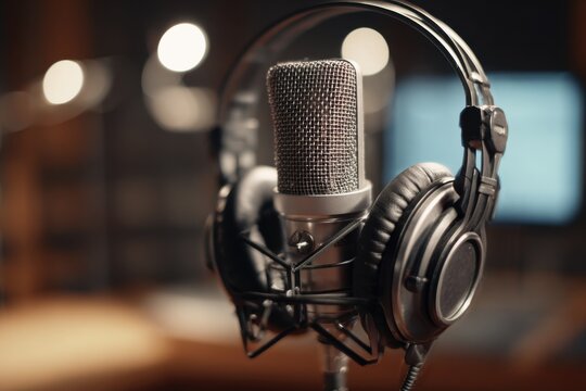 Professional studio condenser microphone with headphones set up for recording vocals in a soundproof studio environment during a music production session