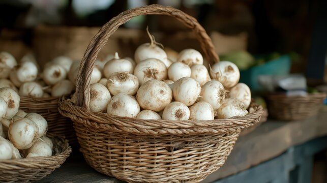 Fresh White Turnips in Woven Baskets at a Farmers Market, Display of Locally Grown Produce, Healthy Eating and Sustainable Agriculture