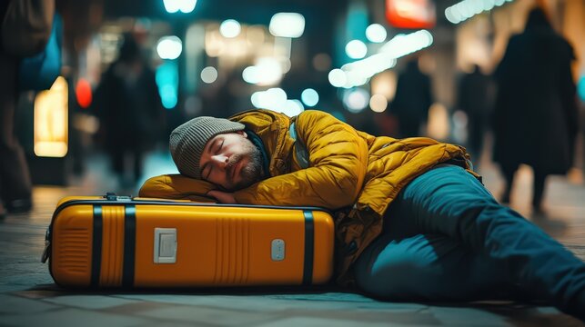 Exhausted Traveler Sleeping on Suitcase in City Street at Night, Overwhelmed by Travel, Seeking Rest, Weary Man Napping on Luggage