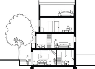 Fototapeta premium Architectural cross section illustration of residential house with interior layout, furniture, people silhouettes and tree, black and white vector drawing