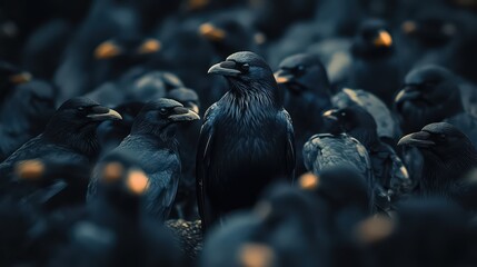 Obraz premium A Brooding Gathering of Ravens: Dark Plumage, Sharp Beaks, and Intense Gaze in a Mysterious, Atmospheric Wildlife Portrait
