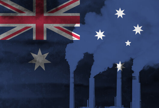 Coal Fired Power Plant with Australian National Flag Overlay - Powered by Adobe
