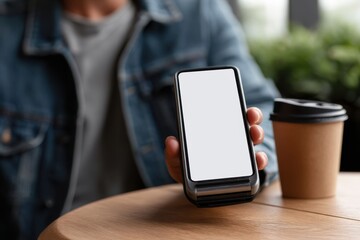 Young man in casual clothes holds wireless device while sitting at a cafe table enjoying a coffee in a modern setting