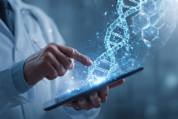 Doctor interacts with digital tablet displaying advanced medical technology for analysis of DNA and health data in a modern healthcare setting