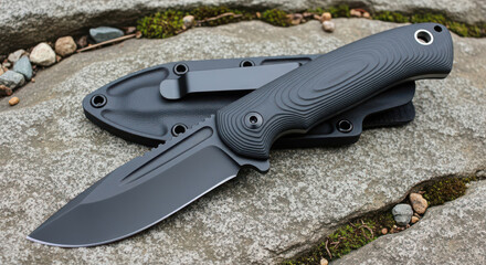 Tactical fixed blade knife with sheath outdoors
