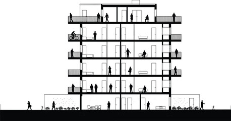 Architectural cross section vector illustration of multi story residential building with people silhouettes, interior layout, and balcony details for blueprint design © Ponkaj Creatives