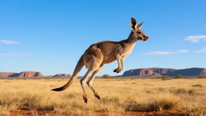 A kangaroo leaps across the Australian grassland, presenting an agile animal form and an open natural aesthetic atmosphere.