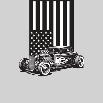 Retro-style logo illustration featuring a classic hot rod car in black and white tones. Perfect for custom garages, automotive communities, or vintage-themed branding design
