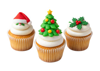 Christmas cupcakes decorated with festive frosting designs including a Christmas tree, Santa hat, and holly, isolated