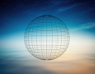 Abstract 3D Wireframe Globe Floating Above a Cloudscape with Starry Sky Background for Science and Technology Concepts
