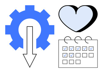 Obraz premium Blue gear and arrow for automation, heart signifying emotional health, and a calendar with checkmarks for task management. Ideal for productivity, planning, workflow, technology, self-care