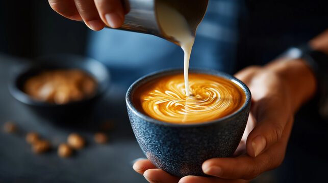 Tea latte pour, microfoam swirling into black tea, rosetta pattern forming, barista precision, warm counter light, with copy space