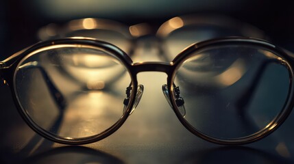 Close-up of Vintage Round Eyeglasses with Golden Frames and Nose Pads on a Dark Surface, Optical Clarity