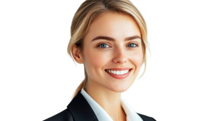 Blonde smiling woman in white blouse
