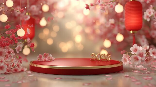 Empty red podium with golden accents surrounded by blooming pink cherry blossoms and glowing lanterns for lunar new year celebrations