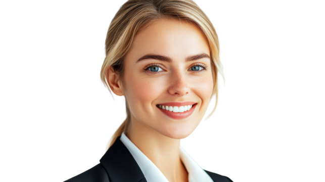 Blonde smiling woman in white blouse
