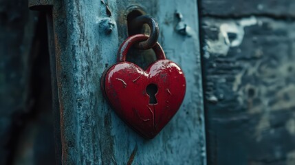 Heart-shaped Red Padlock Securing a Weathered Blue Wooden Door, Symbolizing Love, Security, and Romantic Commitment, with a Vintage and Rustic Aesthetic.