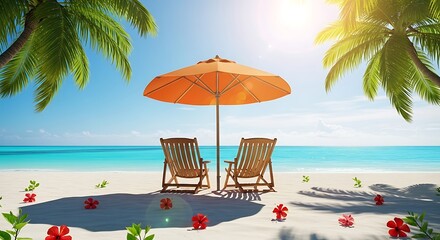 Two beach chairs under an umbrella on a tropical beach with palm trees, turquoise water, and red flowers, bathed in warm sunlight