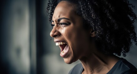 Obraz premium Young african american woman crying and screaming, expressing deep emotion. Concept of anger, frustration, pain, and sadness for psychological issues.