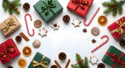 Christmas Flat-Lay with Gifts, Cookies, Pine Cones, and Snowflakes