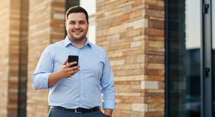 Man smiling and holding smartphone in urban setting. Happy business professional outside office building with mobile device. Technology and communication for modern life.