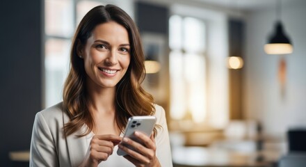 Woman in blazer smiling while using smartphone in modern office setting. Communication and technology concept for business professionals.