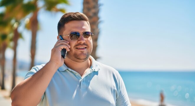 Young caucasian man talking on smartphone at sandy beach with palm tree. Modern communication and mobile technology on vacation. Holiday and travel concept.