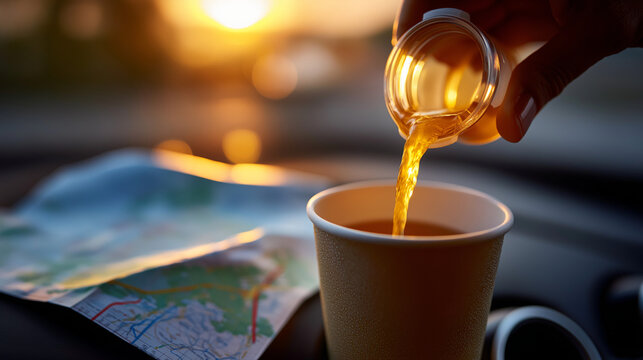 Tea poured into travel cup, car dashboard sunrise, road trip vibe, map folded nearby, with copy space