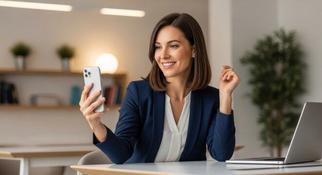 Young woman smiling and holding a smartphone for a selfie or video call in an office. Communication and technology concept.