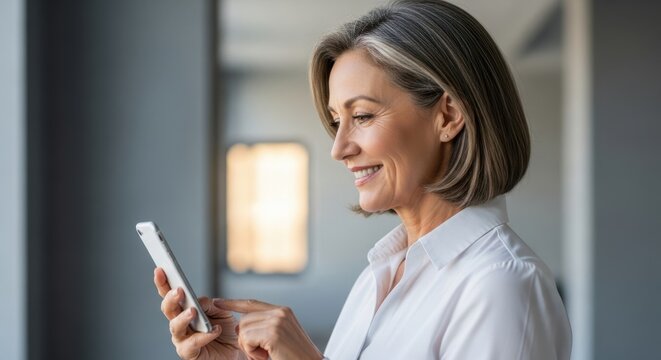Mature woman using smartphone with happy expression, demonstrating modern senior with technology for digital communication and mobile application interaction. - Powered by Adobe