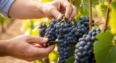 Man harvesting ripe red grapes from a vineyard close up view. Concept of winemaking production and autumn harvest season.