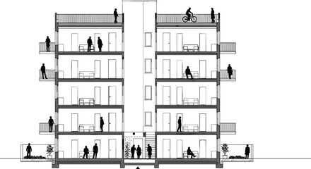 Architectural section drawing of residential apartment building, cross section view with people silhouettes, multistory housing blueprint, technical vector illustration, urban design © Ponkaj Creatives