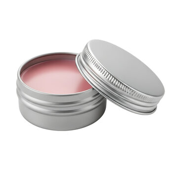 Open silver tin with pink balm or cream and a detached lid isolated on black background Keywords: tin, balm, cream, cosmetic, container, metal, silver, pink