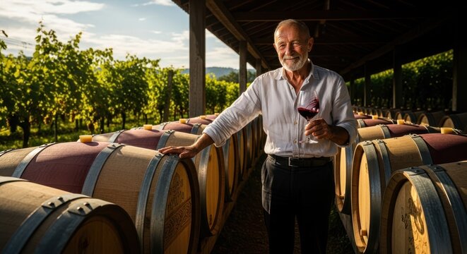 Senior man winemaker smiling holding a glass of red wine standing in an old storage cellar with barrels in a vineyard. Winemaking tradition.