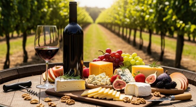 Bottle of red wine and glass with a cheese board, fruits, and nuts on a wooden barrel in a vineyard for tasting or picnic. - Powered by Adobe