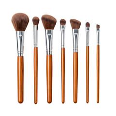 Set of Seven Wooden Handle Makeup Brushes with Silver Ferrules on Transparent Background