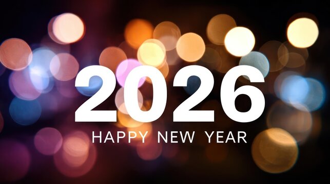 Bright and festive 2026 happy new year text overlay on a bokeh background of colorful blurred lights
