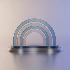 Abstract rainbow archway with layered translucent panels on a podium