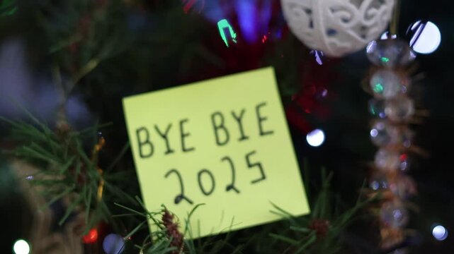 Un primer plano de la mano de una mujer con una nota de color amarillo  con la palabra adi&oacute;s 2025 en un fondo de luces de colores. Fin de a&ntilde;o