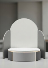 Modern gray and white podium with arched backdrop, isolated on white background