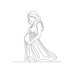 A continuous one-line illustration of a pregnant woman standing elegantly in a flowing dress, holding her baby bump