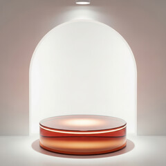 Illuminated circular display podium with a glowing rim in an archway